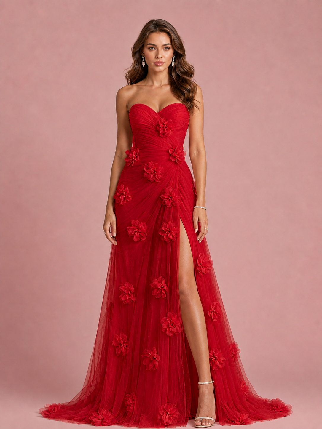 Pink 3D Floral Applique Strapless Tulle Prom Dress with High Slit