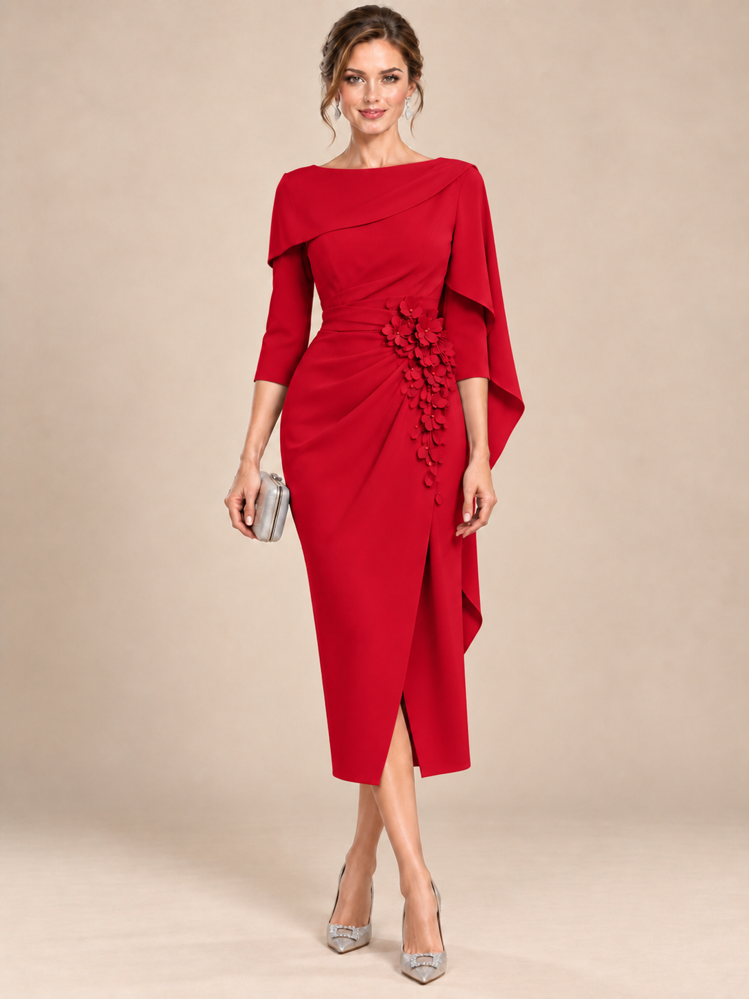 Light Blue Cape Sleeve Mother of the Bride Midi Dress with Floral Applique