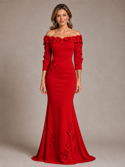 Light Blue 3D Floral Applique Off-the-Shoulder Mother of the Bride Dress