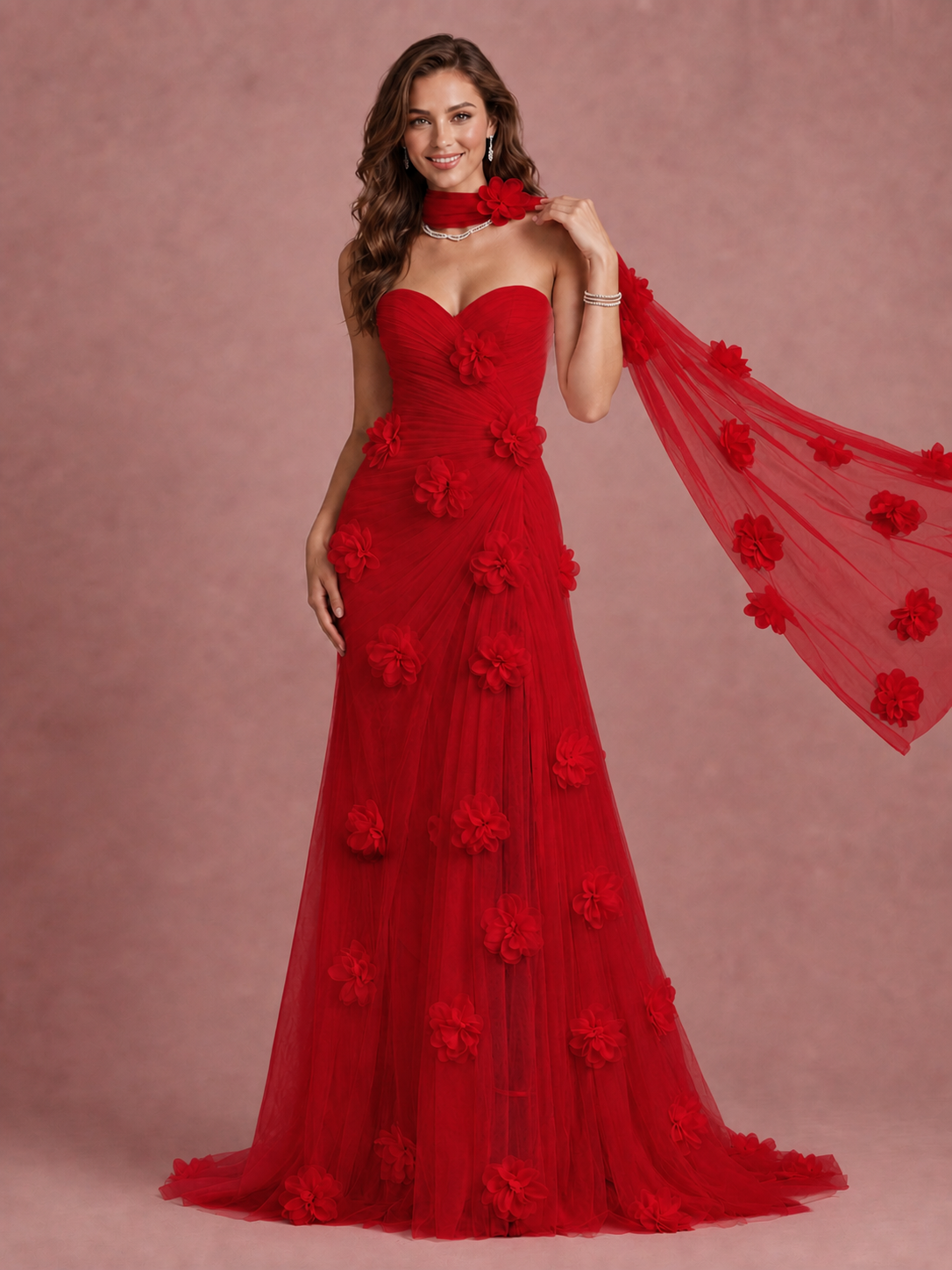 Blush Pink Strapless Sweetheart 3D Floral Tulle Mermaid Prom Dress