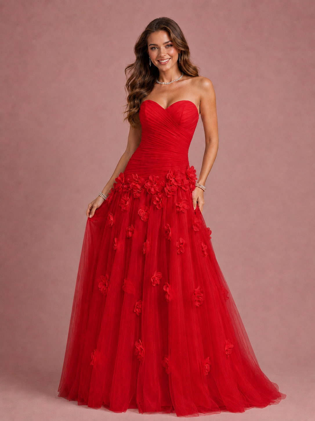Blush Pink Strapless Sweetheart 3D Floral Tulle Ball Gown Prom Dres