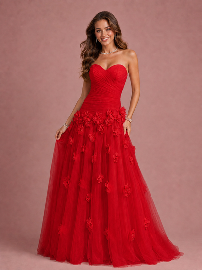 Blush Pink Strapless Sweetheart 3D Floral Tulle Ball Gown Prom Dres