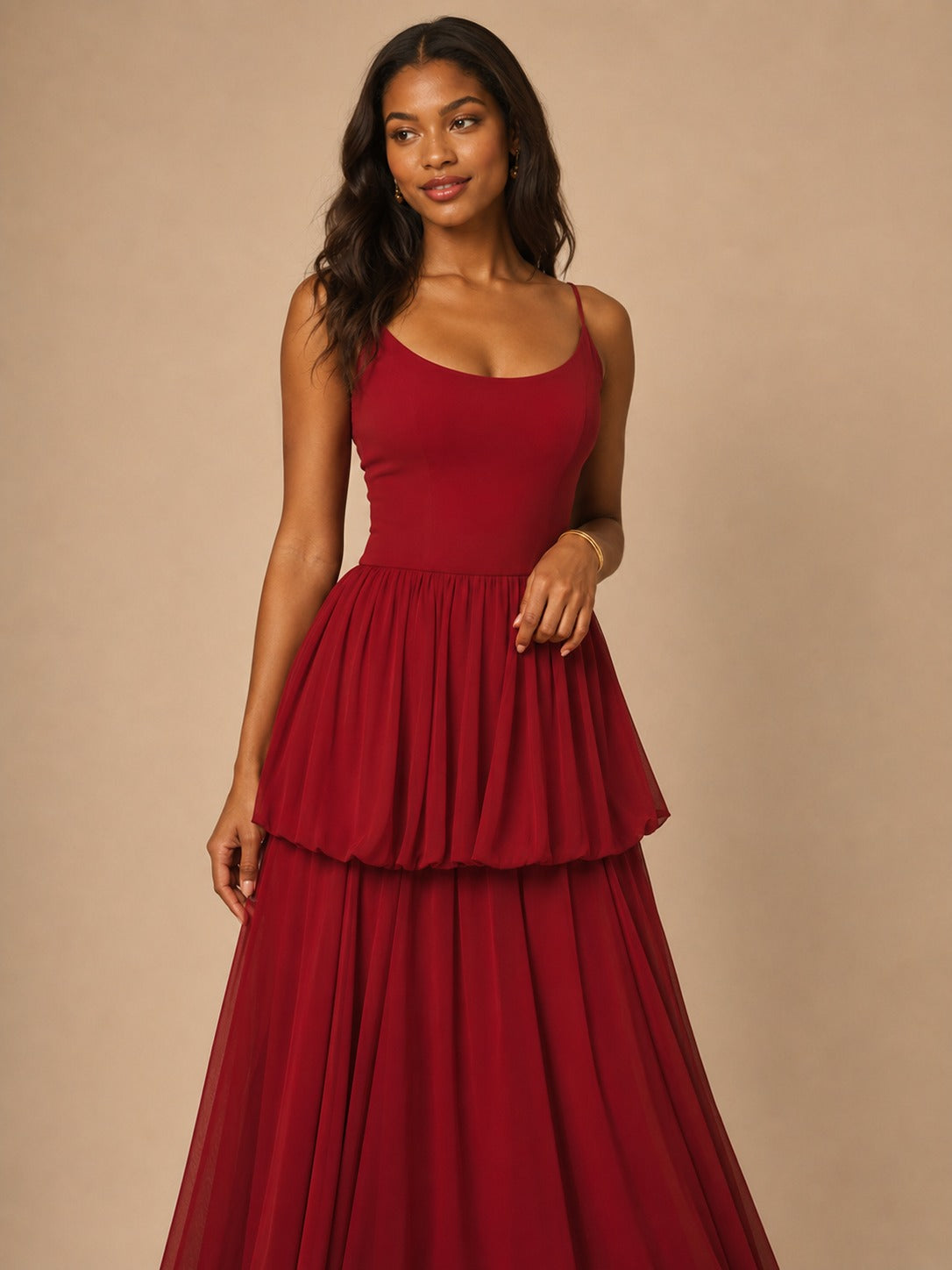Red Chiffon Maxi Dress with Tiered Ruffles & Spaghetti Straps