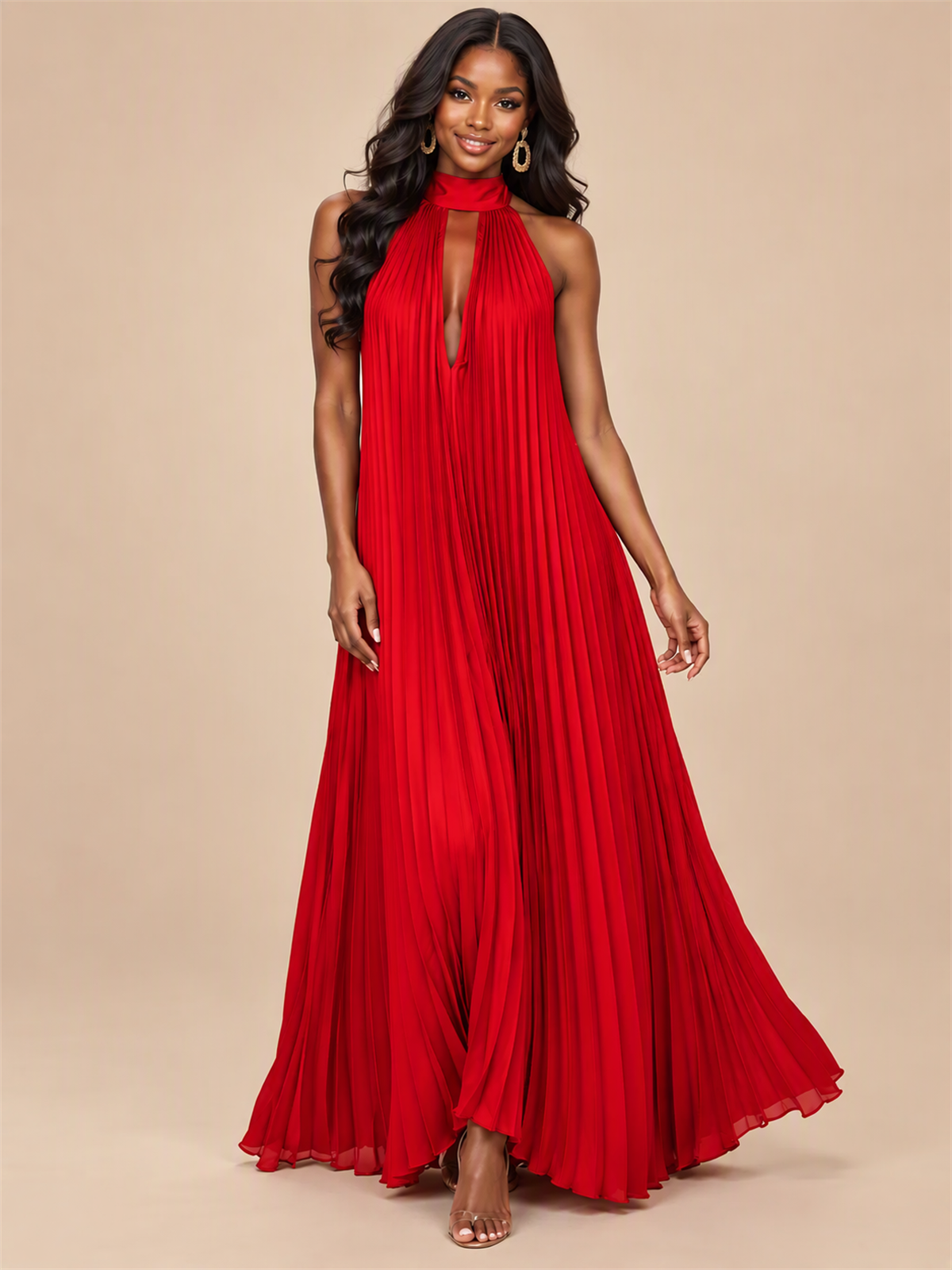 Rust Orange Pleated Halter Neck Maxi Dress