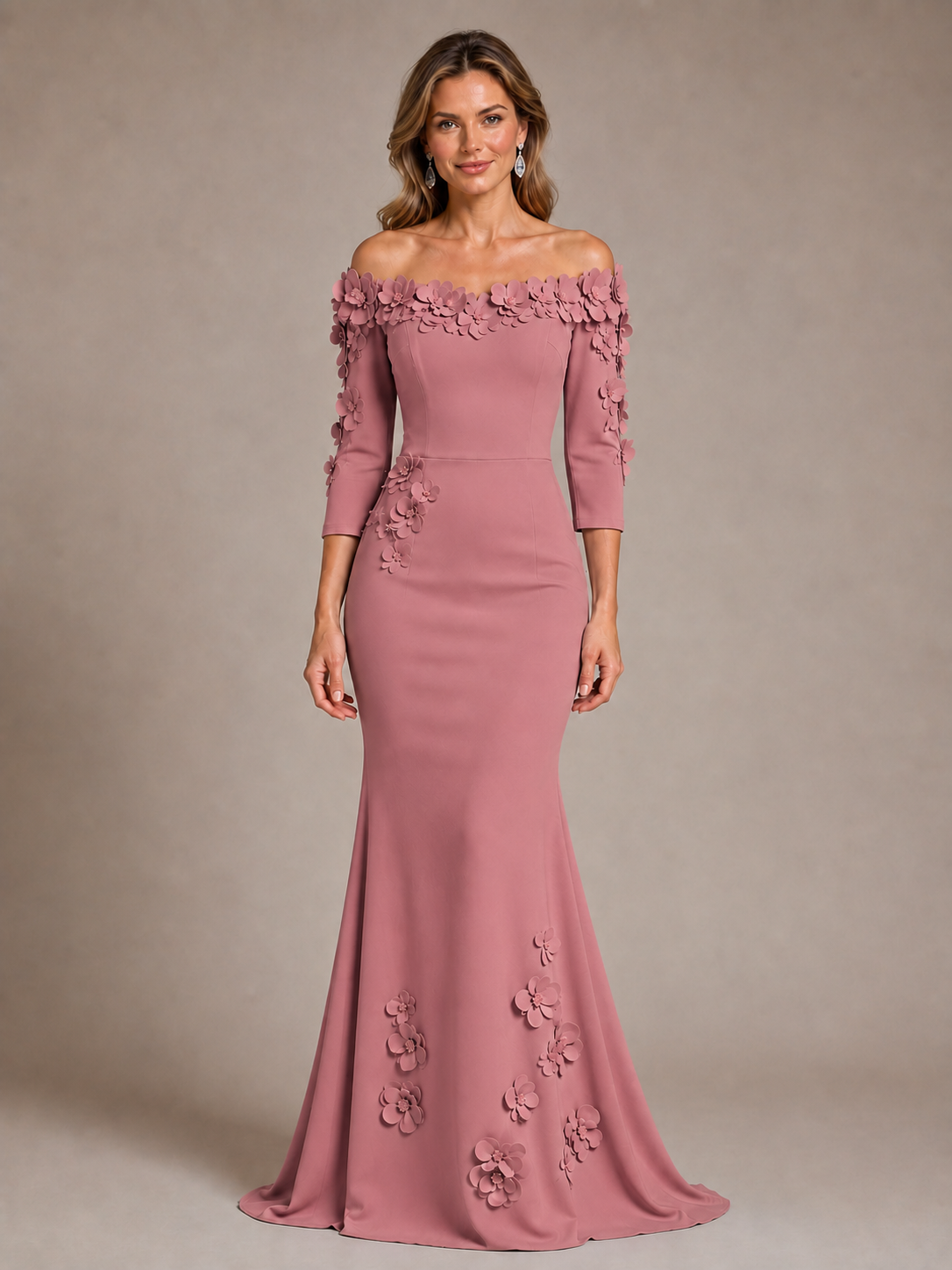 Light Blue 3D Floral Applique Off-the-Shoulder Mother of the Bride Dress