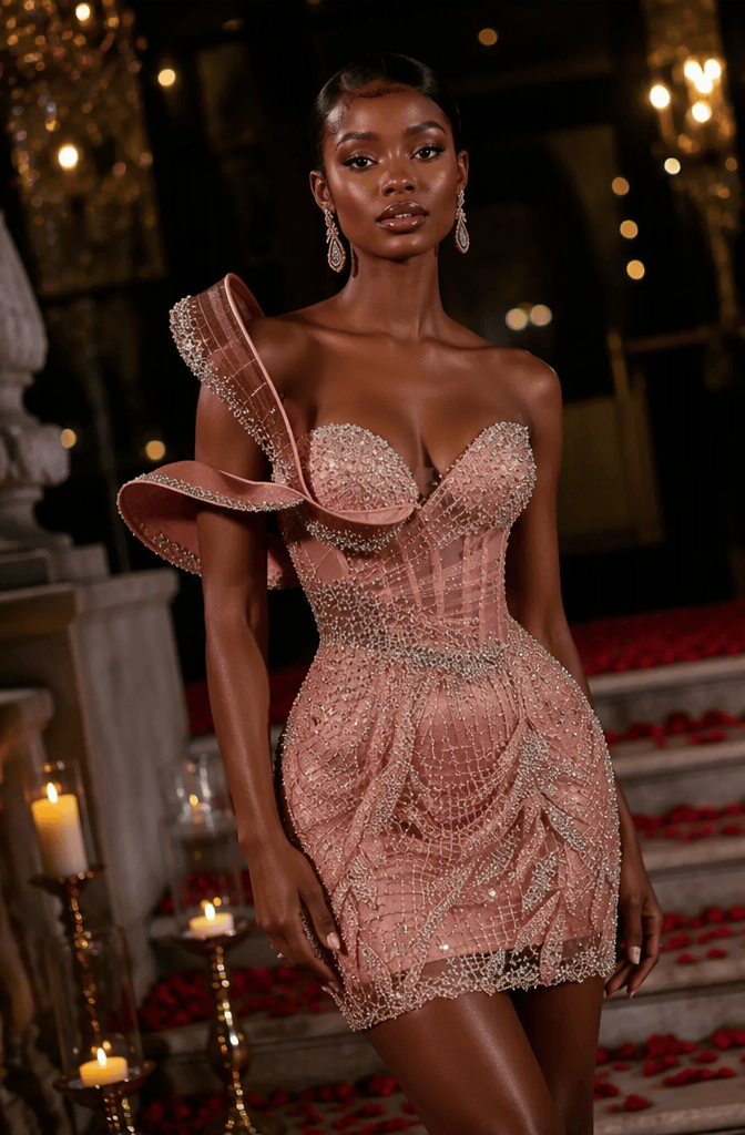 Rose Gold One-Shoulder Ruffle Crystal Beaded Mini Homecoming Dress - Front View