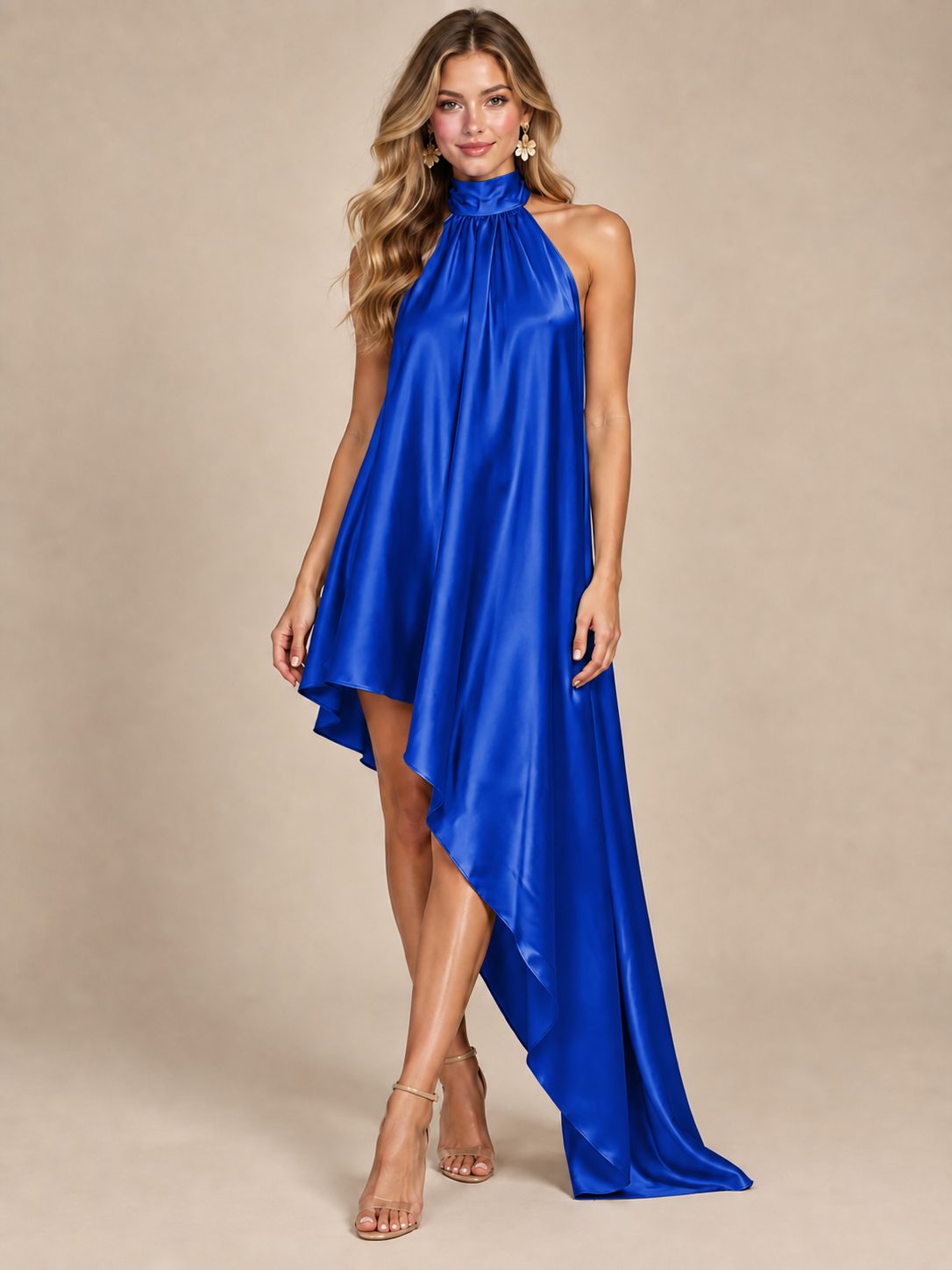 Sage Green Satin Halter Neck High-Low Maxi Dress