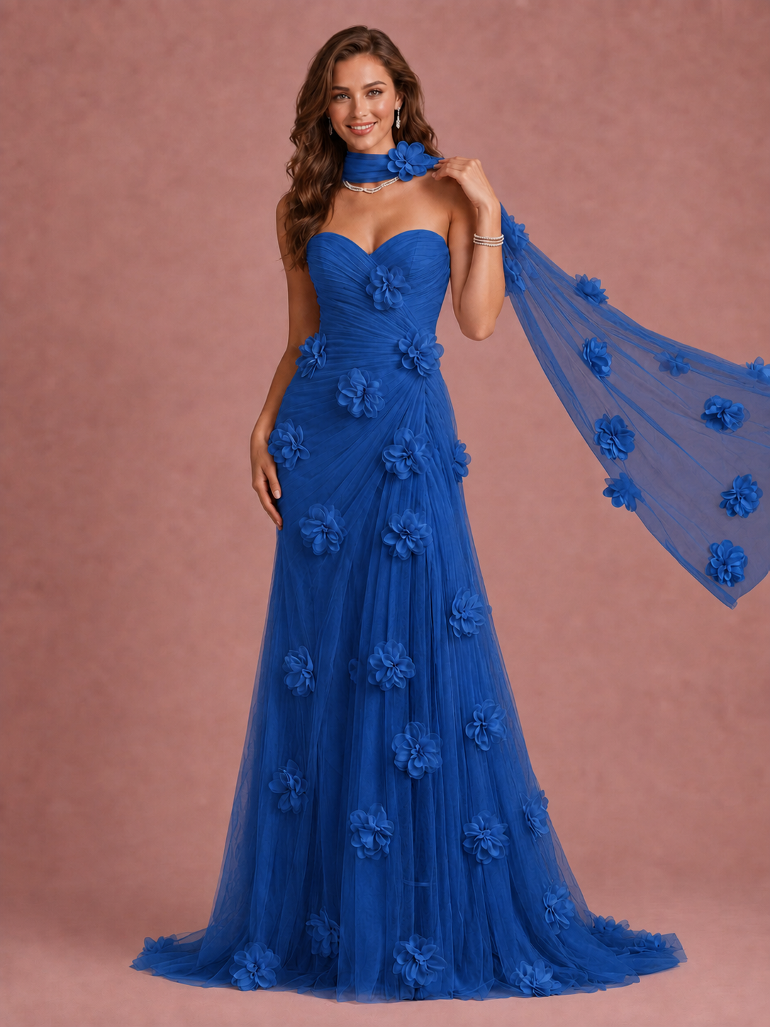 Blush Pink Strapless Sweetheart 3D Floral Tulle Mermaid Prom Dress