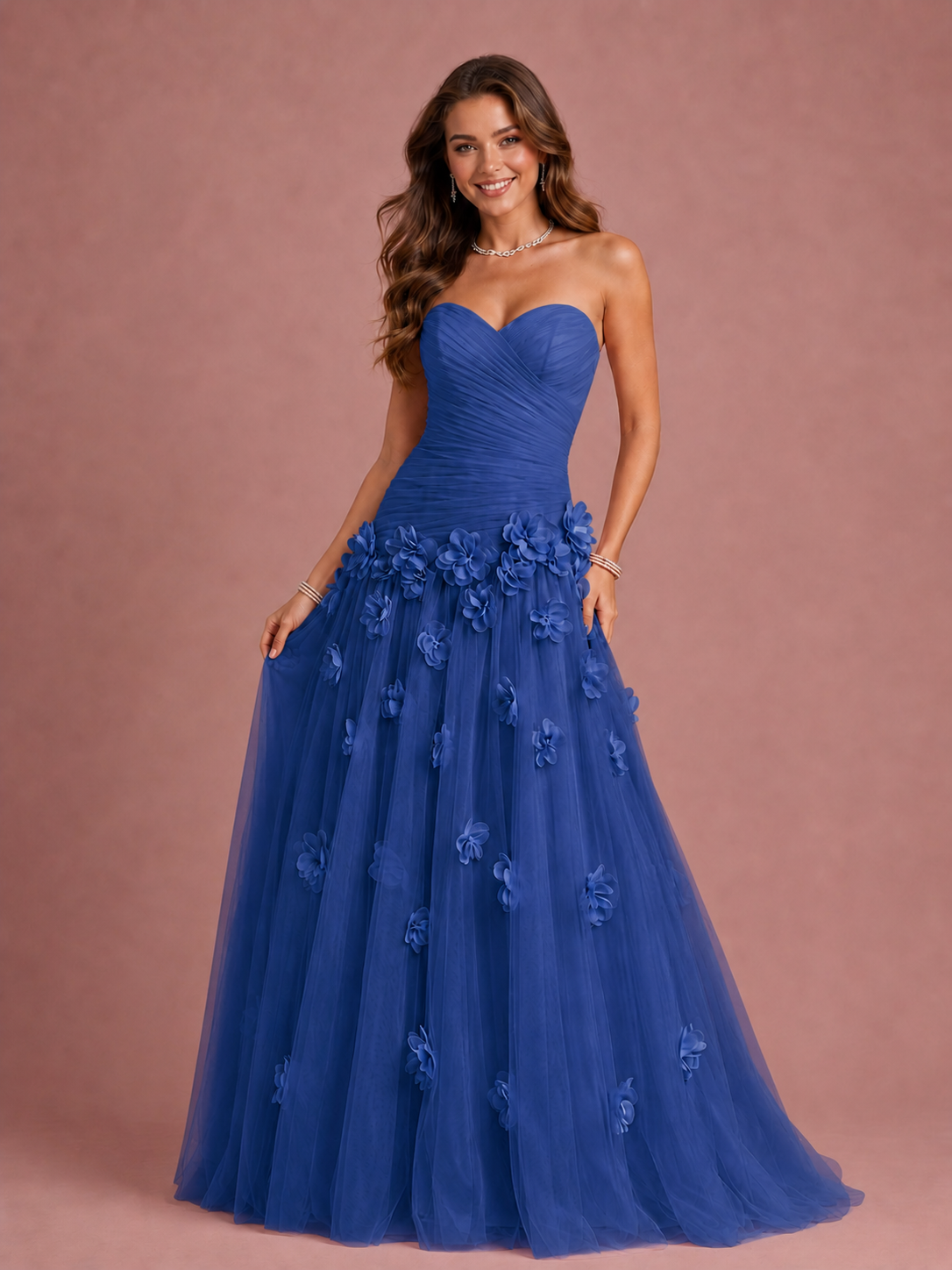 Blush Pink Strapless Sweetheart 3D Floral Tulle Ball Gown Prom Dres