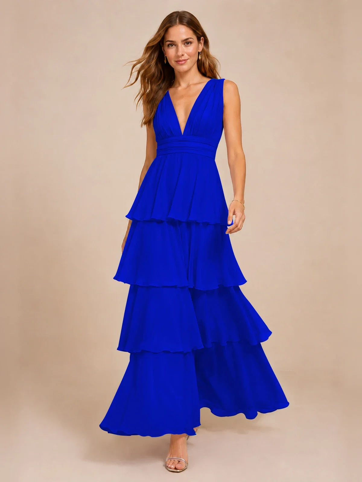 Elegant Deep V Neck Chiffon Bridesmaid Dress with Tiered Ruffles