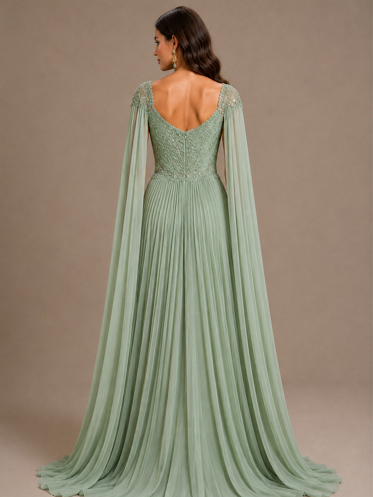 Sage Green Beaded Cape Sleeve Mother of the Bride Dress