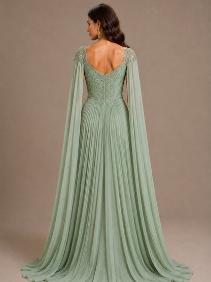 Sage Green Beaded Cape Sleeve Mother of the Bride Dress