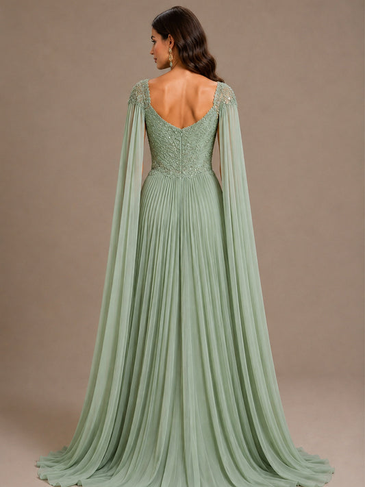Sage Green Beaded Cape Sleeve Mother of the Bride Dress