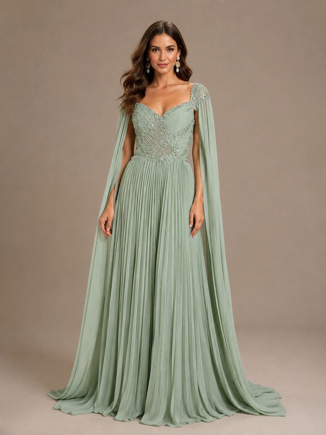 Sage Green Beaded Cape Sleeve Mother of the Bride Dress