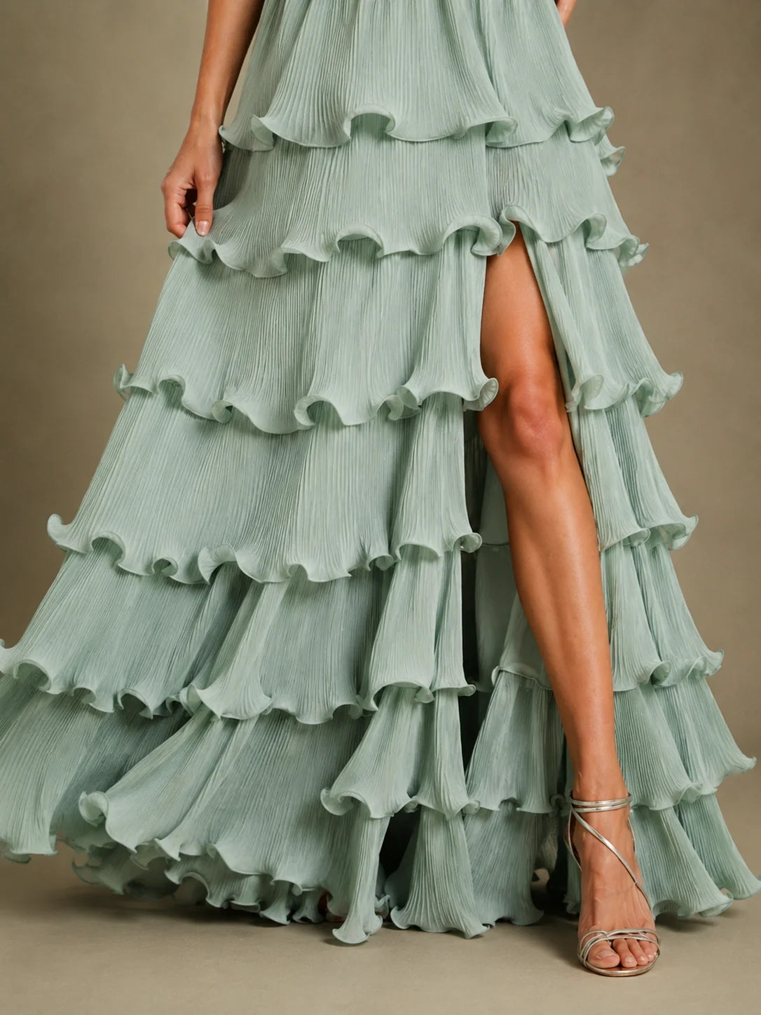 Sage Green Chiffon Tiered Ruffle Bridesmaid Dress with Slit
