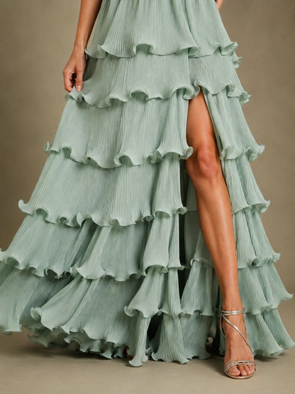 Sage Green Chiffon Tiered Ruffle Bridesmaid Dress with Slit
