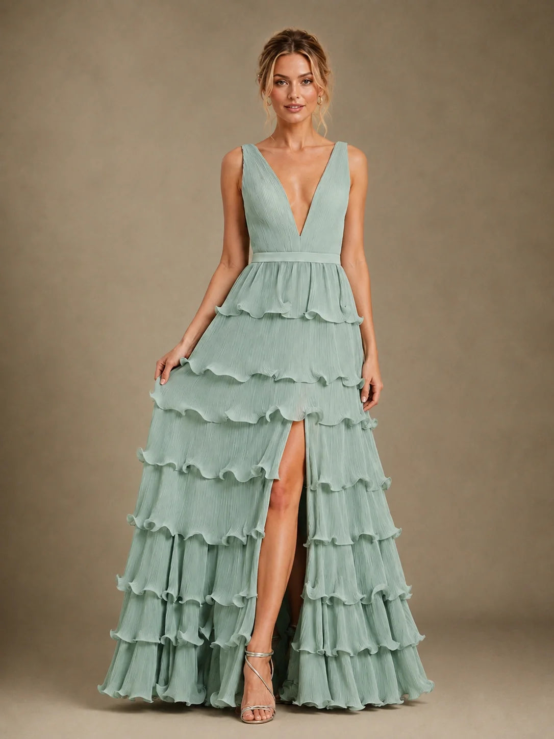 Sage Green Chiffon Tiered Ruffle Bridesmaid Dress with Slit