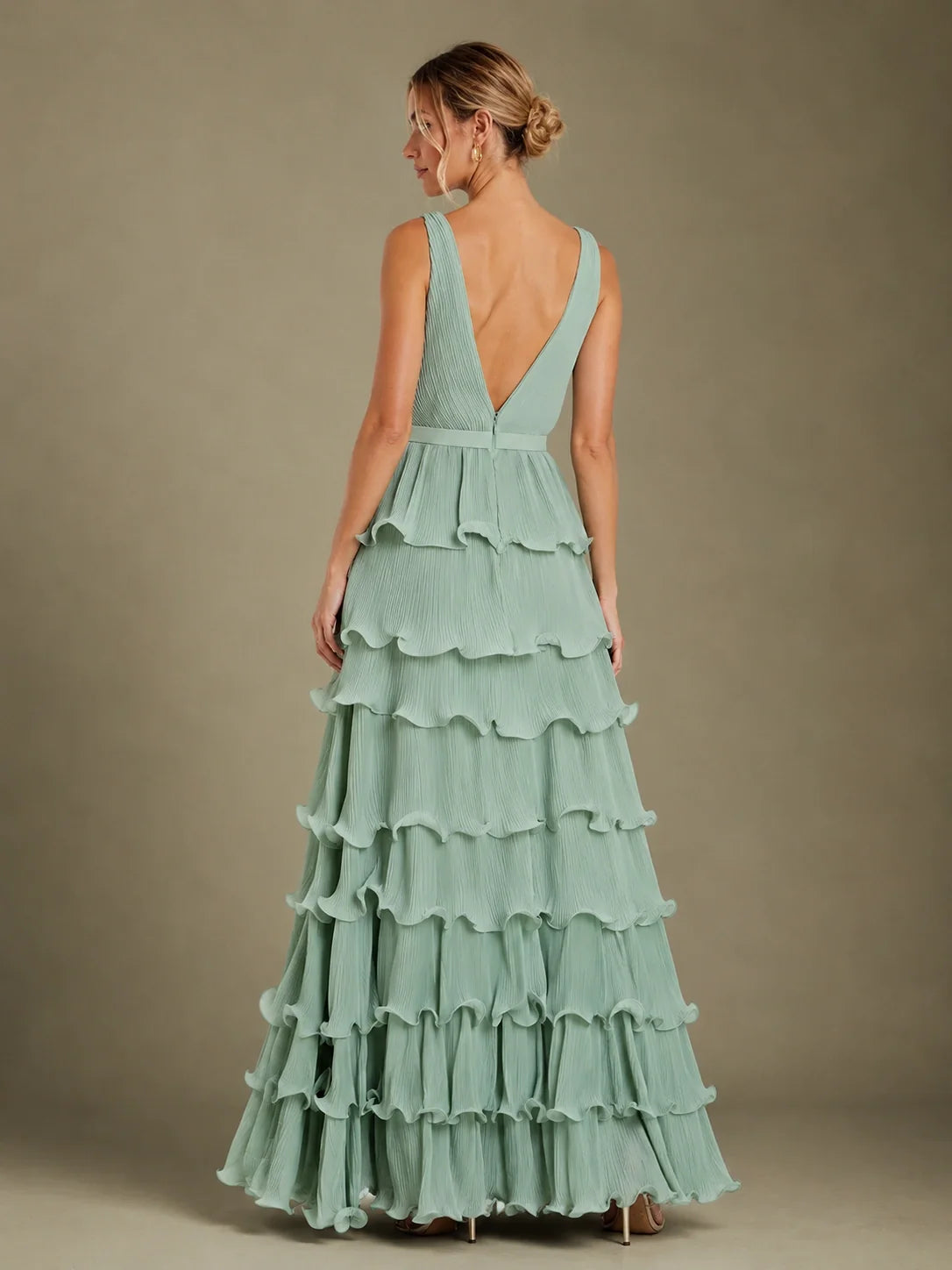 Sage Green Chiffon Tiered Ruffle Bridesmaid Dress with Slit