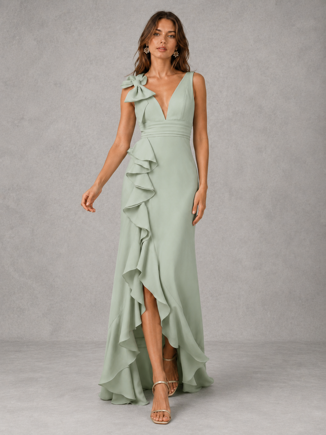 Sage Green Chiffon V Neck Bridesmaid Dress with Ruffle Slit