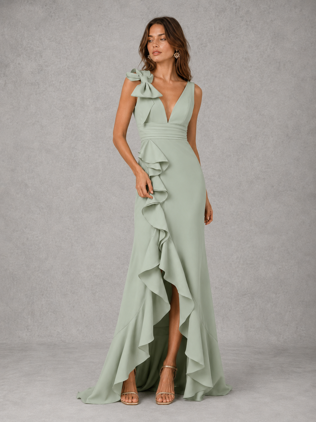 Sage Green Chiffon V Neck Bridesmaid Dress with Ruffle Slit