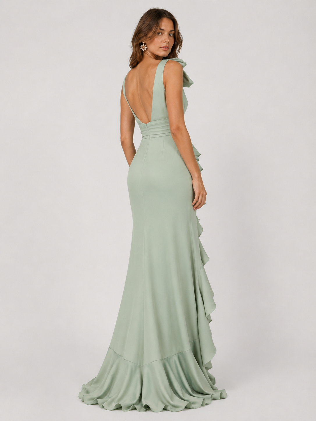 Sage Green Chiffon V Neck Bridesmaid Dress with Ruffle Slit