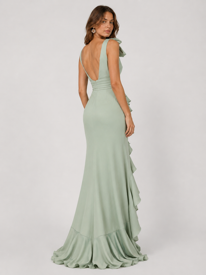 Sage Green Chiffon V Neck Bridesmaid Dress with Ruffle Slit