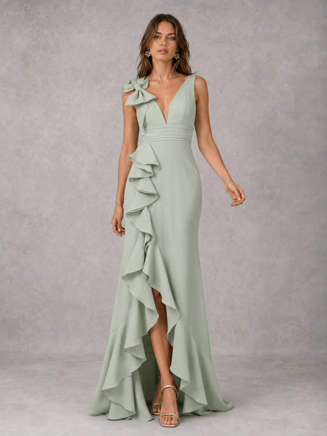 Sage Green Chiffon V Neck Bridesmaid Dress with Ruffle Slit