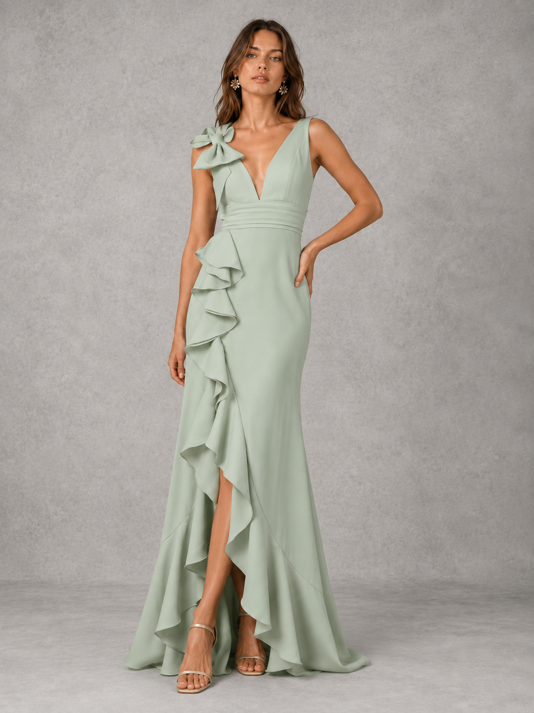Sage Green Chiffon V Neck Bridesmaid Dress with Ruffle Slit