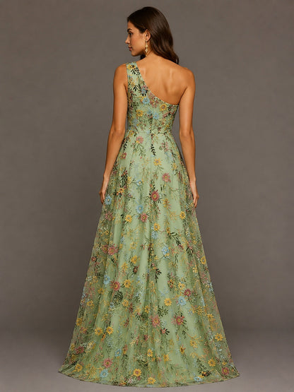 Sage Green One Shoulder Floral Embroidered A-Line Bridesmaid Dress