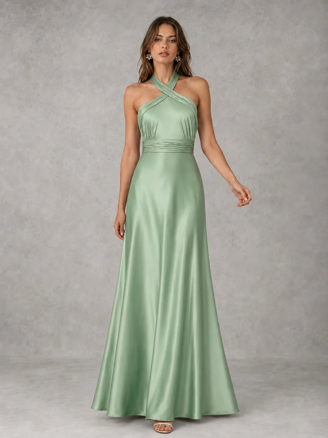 Sage Green Satin A-Line Bridesmaid Dress with Halter Neck