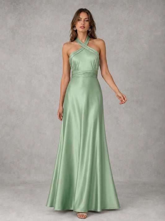 Sage Green Satin A-Line Bridesmaid Dress with Halter Neck