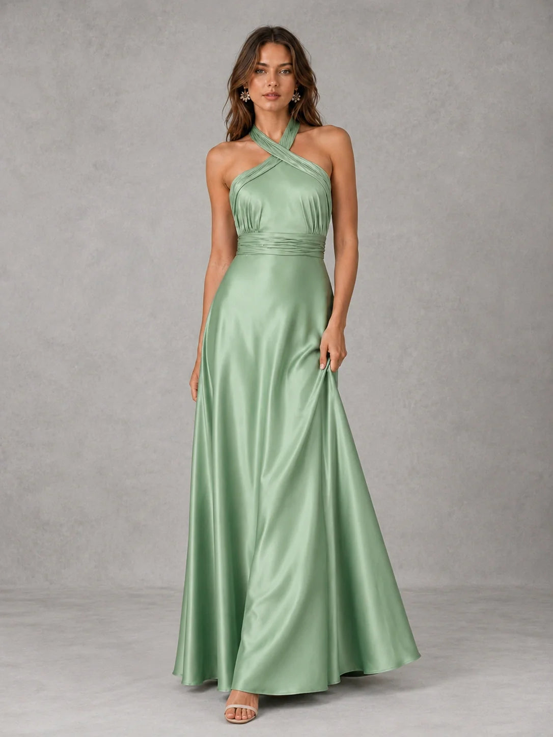 Sage Green Satin A-Line Bridesmaid Dress with Halter Neck