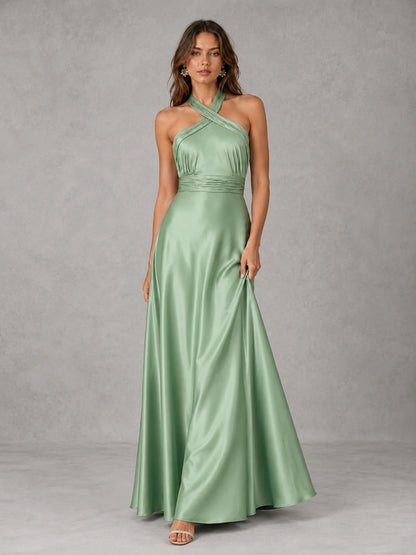 Sage Green Satin A-Line Bridesmaid Dress with Halter Neck