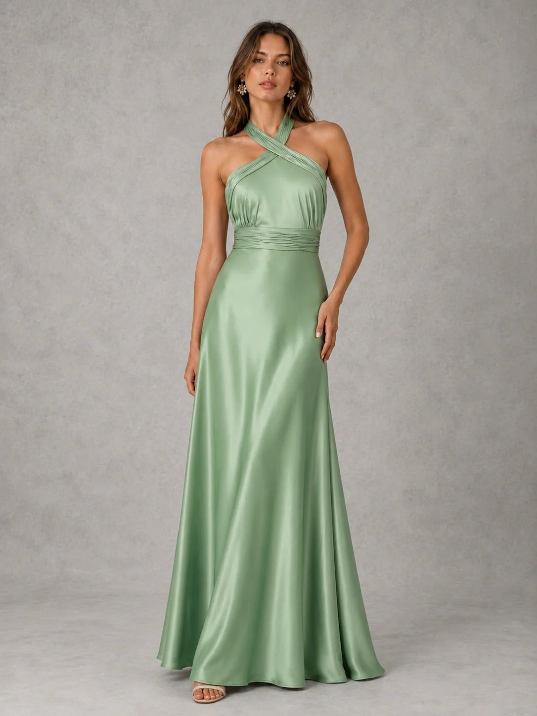 Sage Green Satin A-Line Bridesmaid Dress with Halter Neck