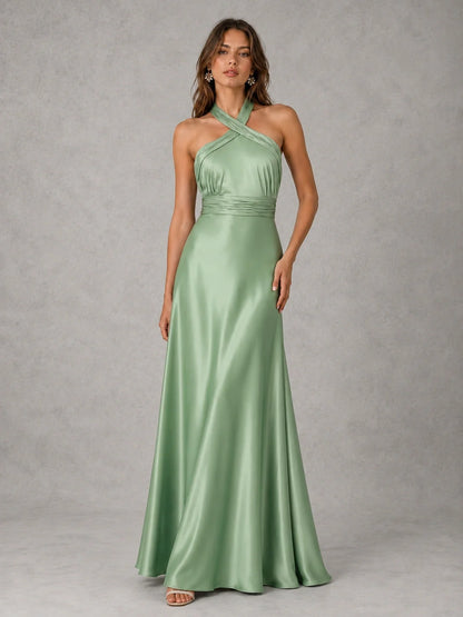 Sage Green Satin A-Line Bridesmaid Dress with Halter Neck