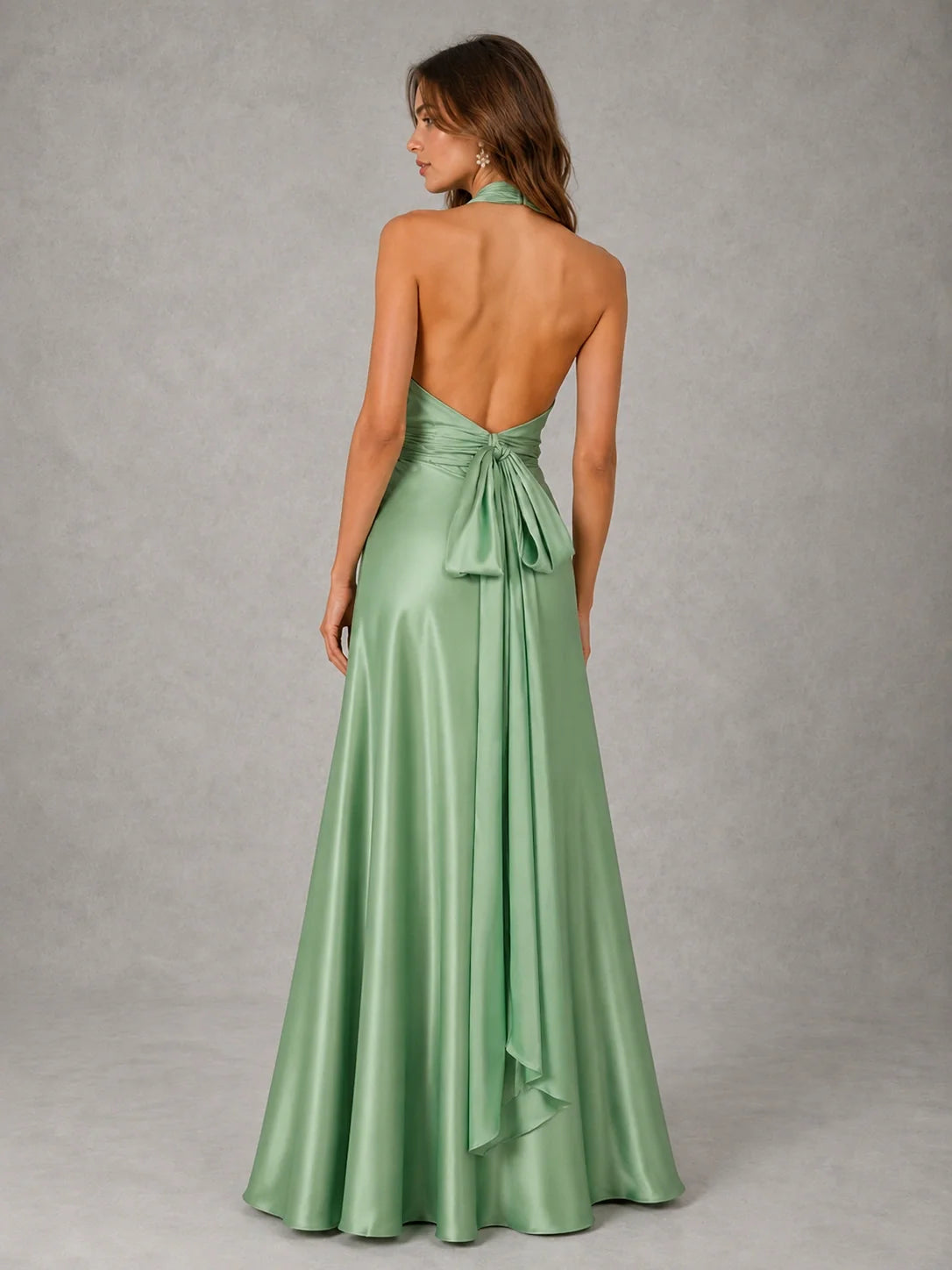 Sage Green Satin A-Line Bridesmaid Dress with Halter Neck