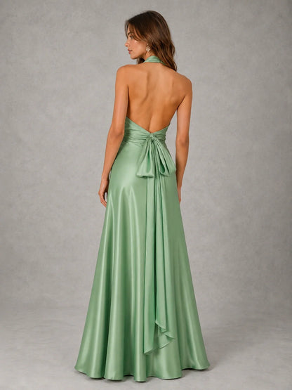 Sage Green Satin A-Line Bridesmaid Dress with Halter Neck