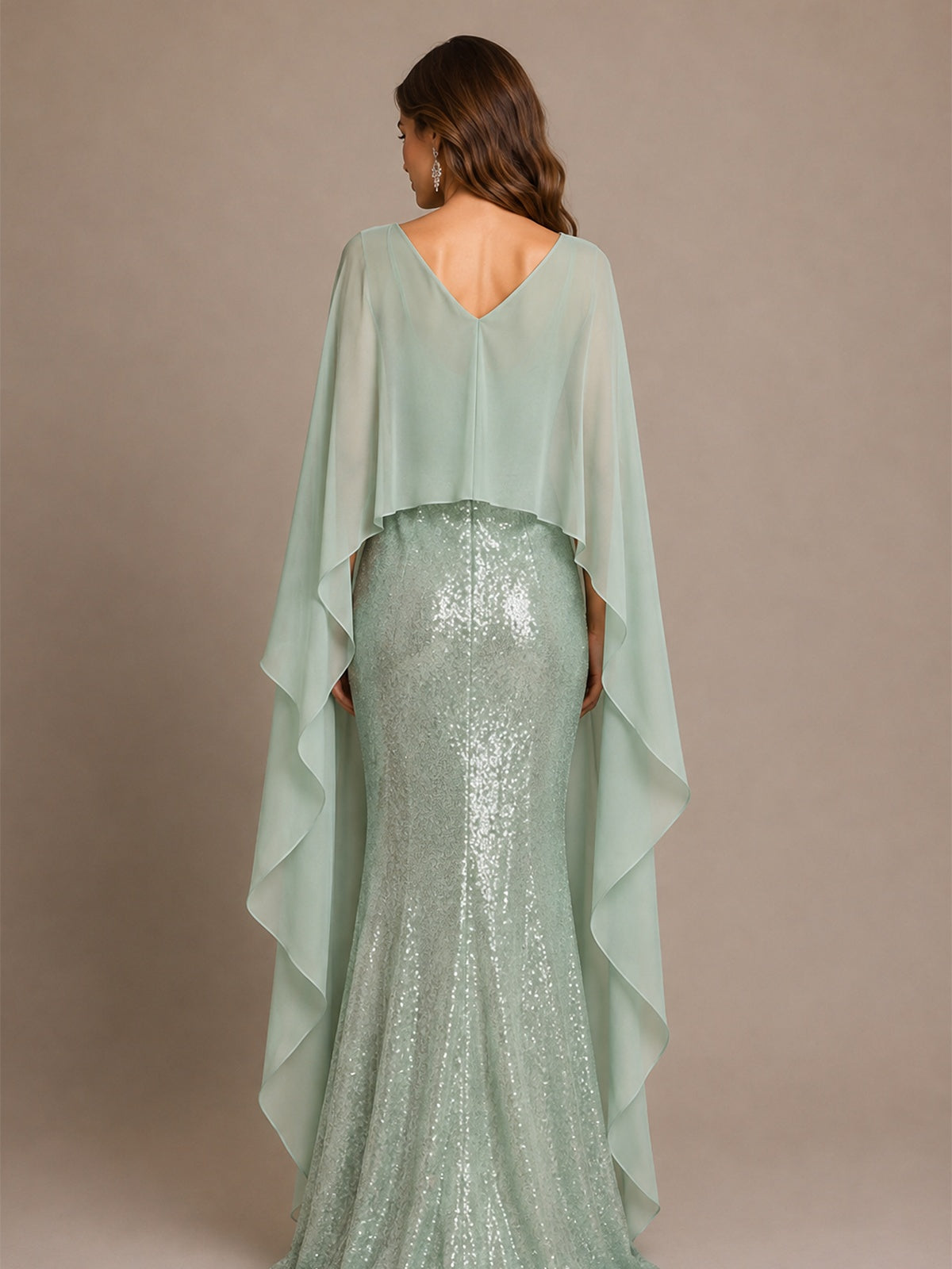 Sage Green Sequin Cape Sleeve Mother of the Bride Gown