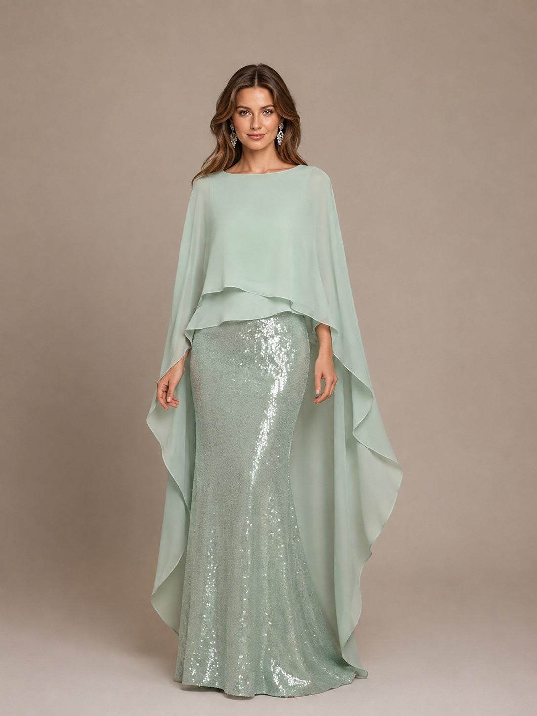 Sage Green Sequin Cape Sleeve Mother of the Bride Gown