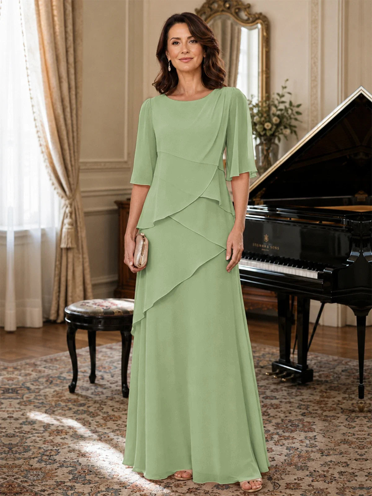 Asymmetric Draped Chiffon Mother of the Bride Dress with Flutter Sleeves