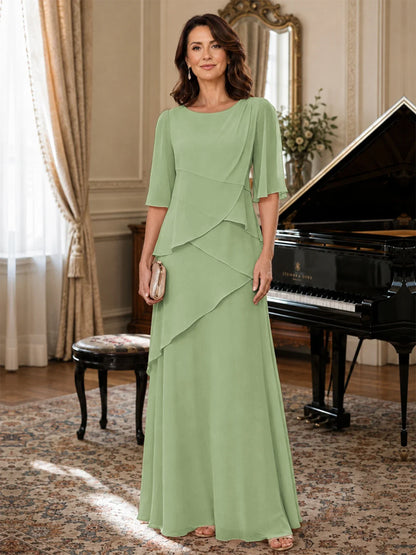 Asymmetric Draped Chiffon Mother of the Bride Dress with Flutter Sleeves