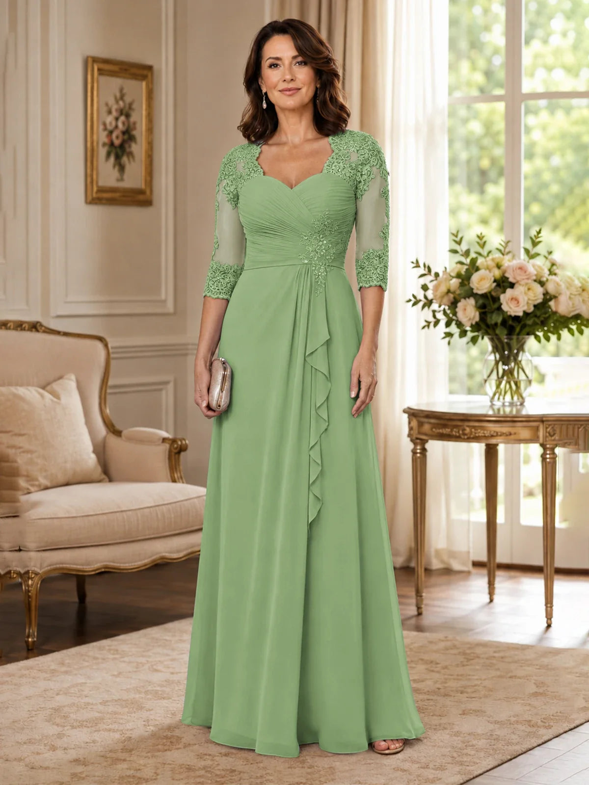 Chiffon Lace Applique Mother of the Bride Dress with 3/4 Sleeves