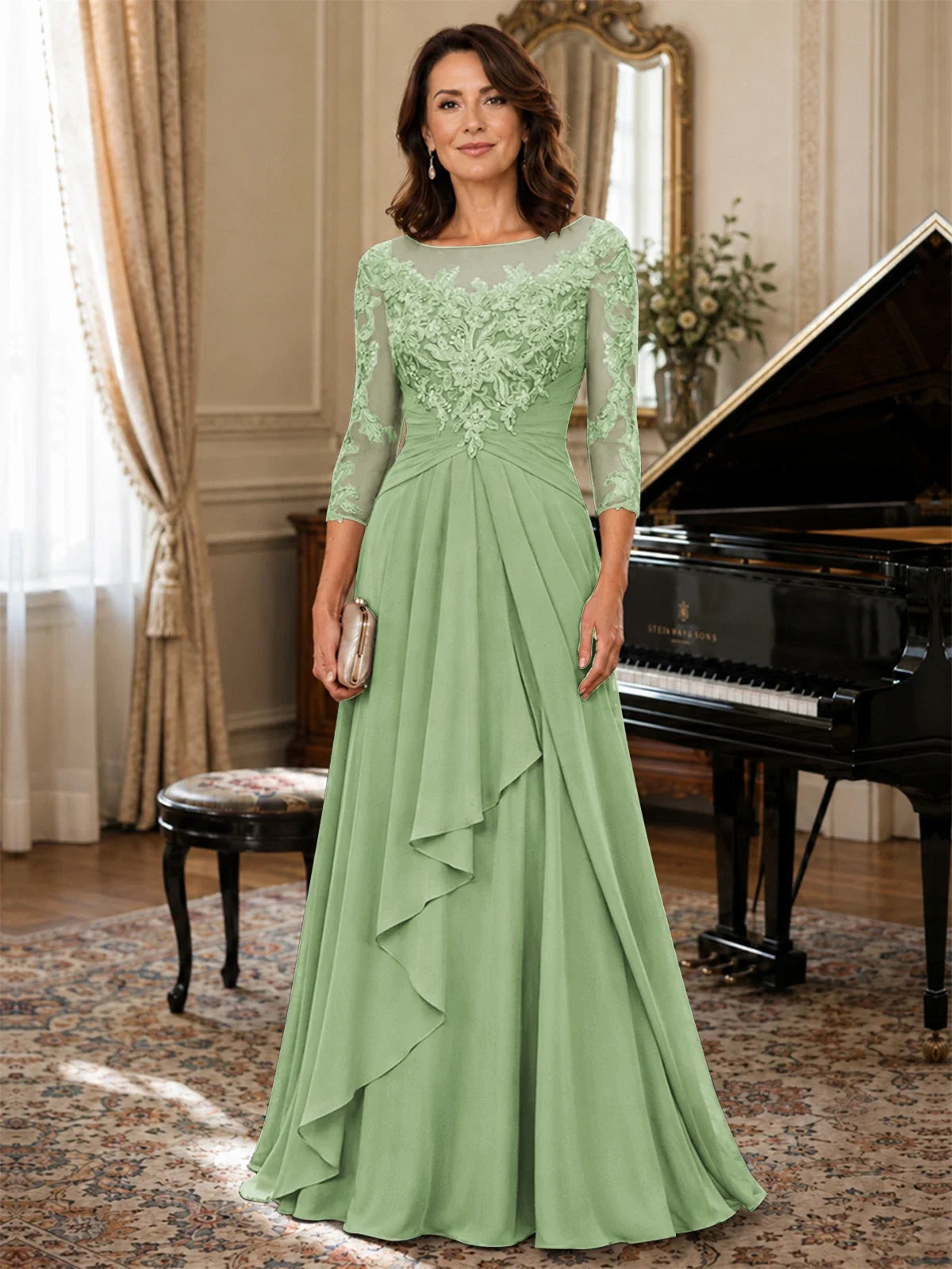 A-Line Chiffon Mother of the Bride Dress with Floral Applique 3/4 Sleeves