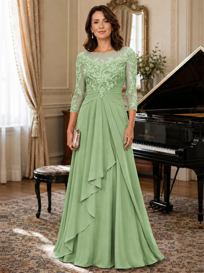 A-Line Chiffon Mother of the Bride Dress with Floral Applique 3/4 Sleeves