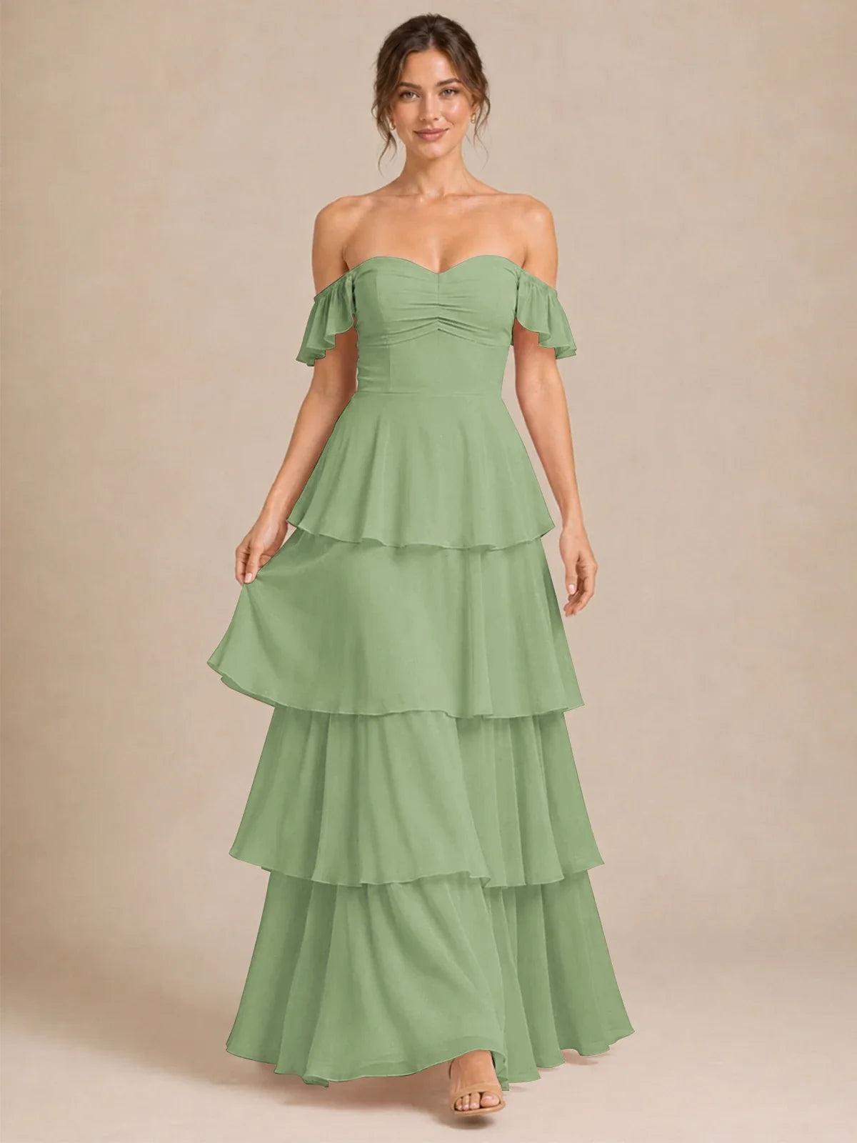 Off Shoulder Tiered Chiffon A-Line Bridesmaid Dress