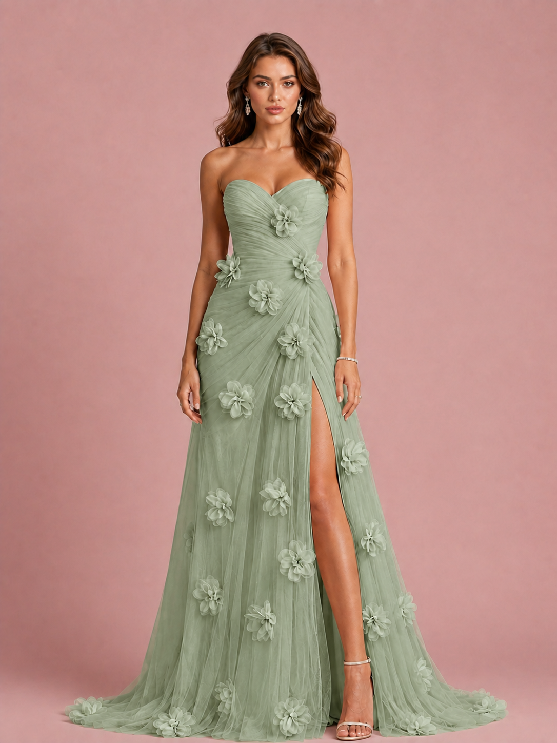 Pink 3D Floral Applique Strapless Tulle Prom Dress with High Slit