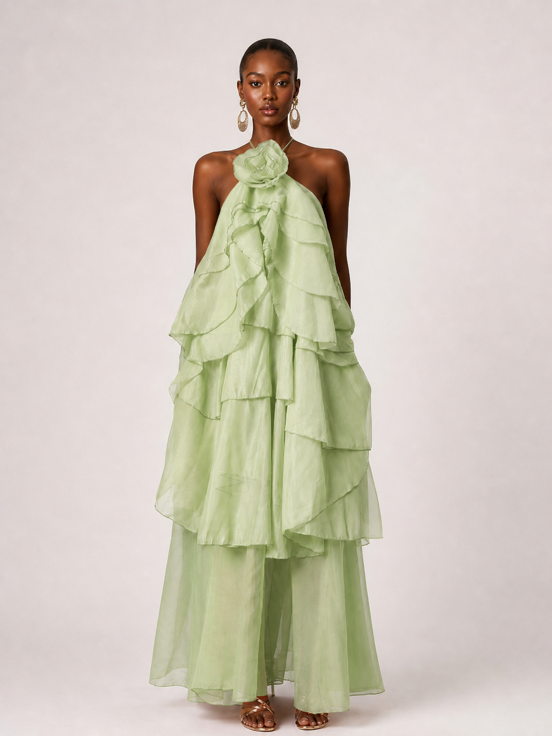 Orange Chiffon Halter Ruffle Maxi Dress with 3D Flower