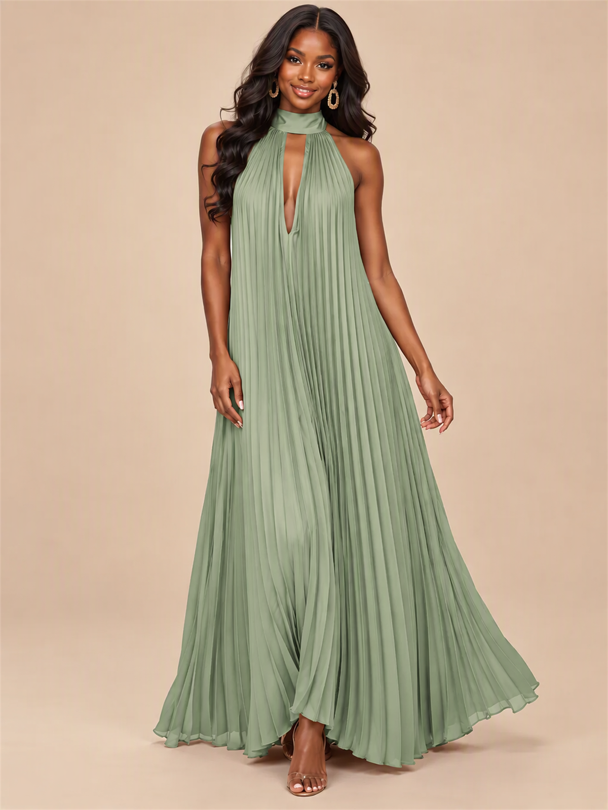 Rust Orange Pleated Halter Neck Maxi Dress