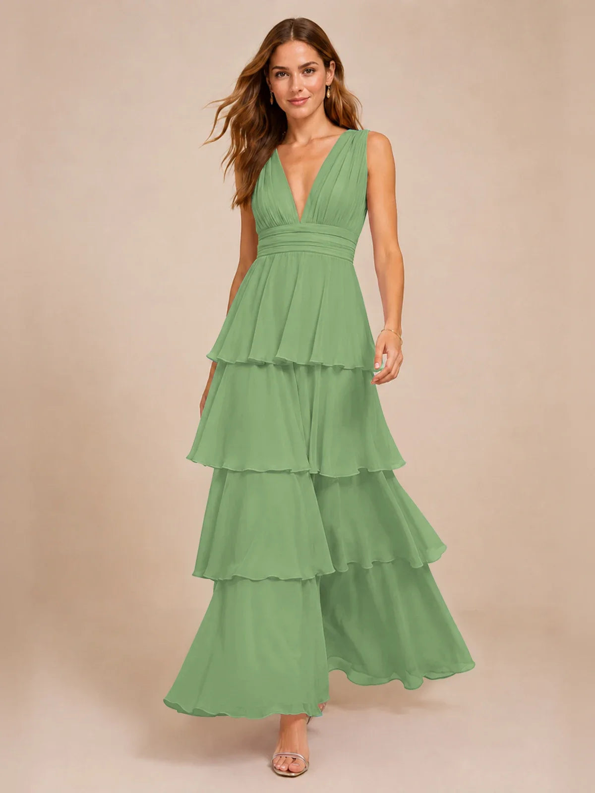 Elegant Deep V Neck Chiffon Bridesmaid Dress with Tiered Ruffles