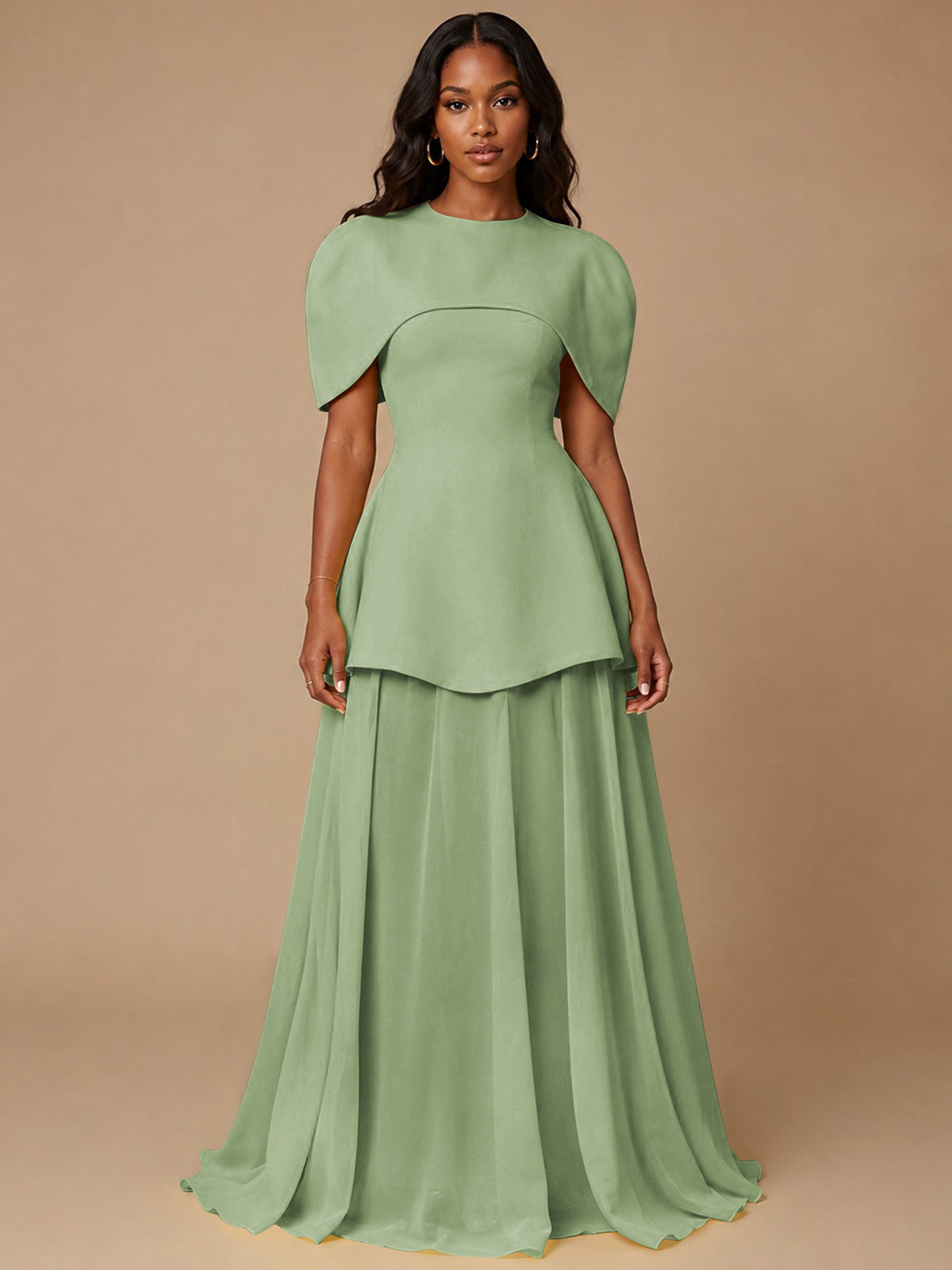 Yellow Cape Sleeve Peplum Maxi Dress